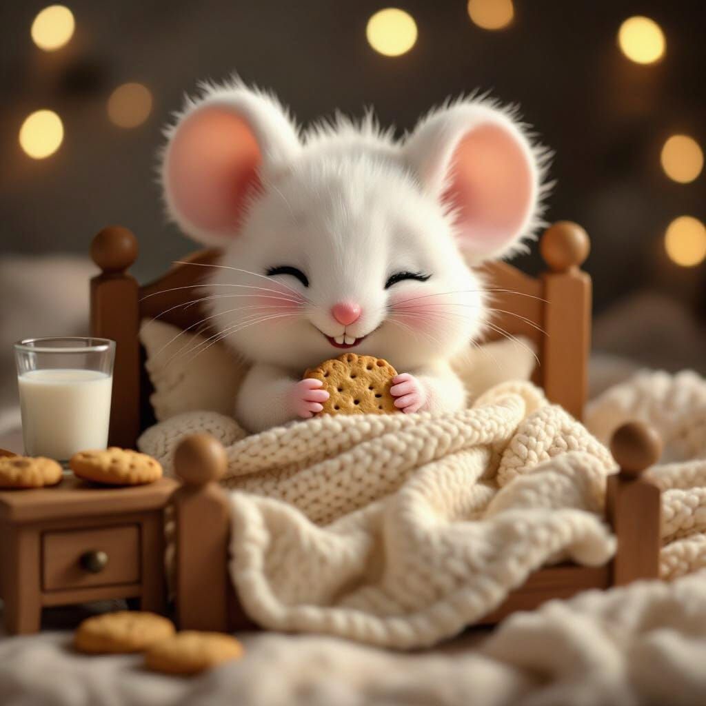 Cute Cartoon Mouse Enjoys Biscuit and Milk in Cozy Bed