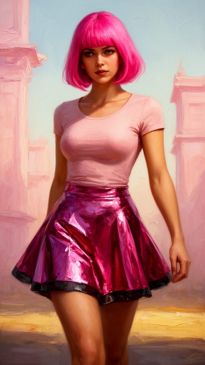 Woman in Pink Wig and Metallic Skirt, Oil Painting
