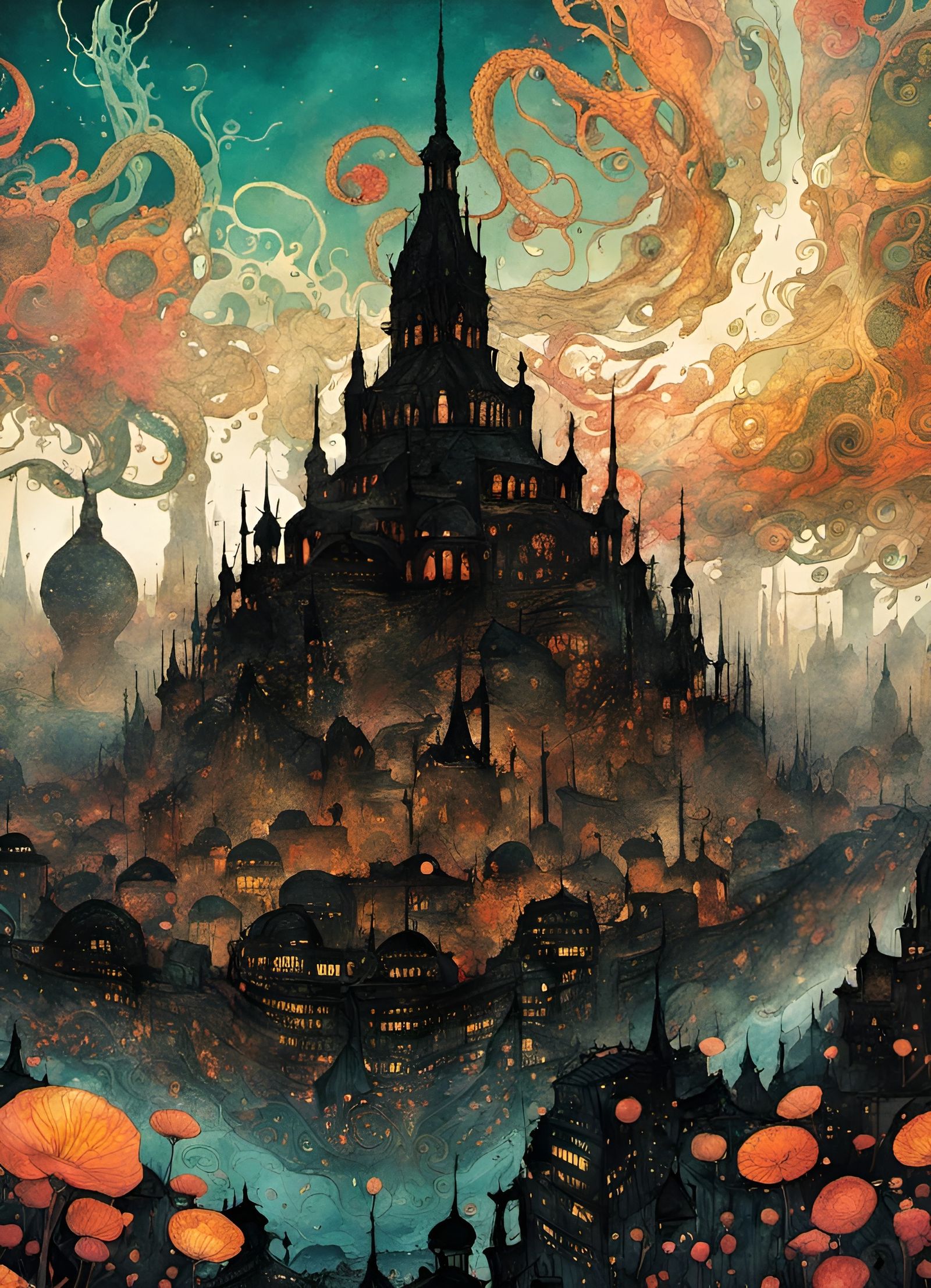 Psychedelic Tentacle Cityscape in Impasto Style