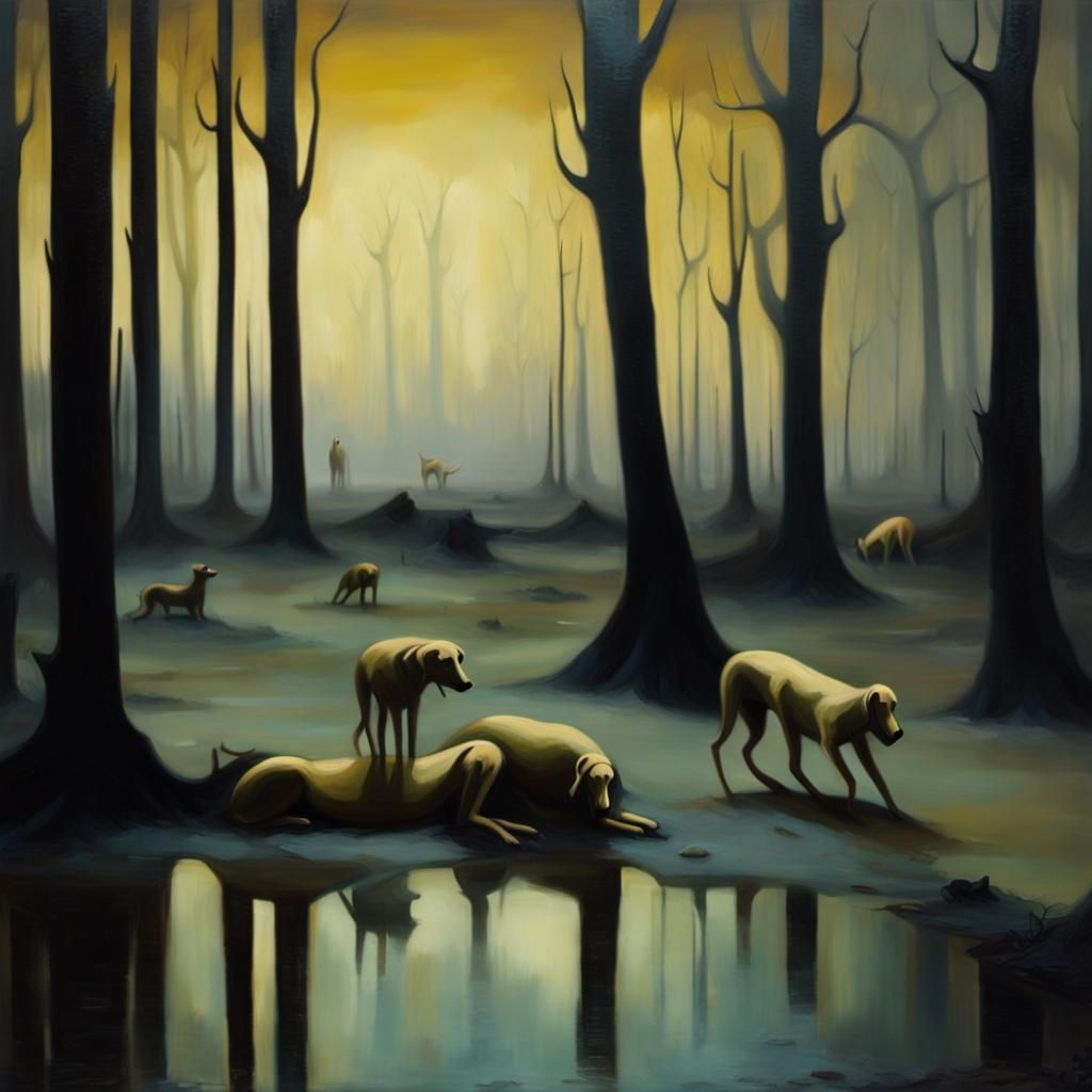 Eerie Dreamscape: Animals Sleeping in a Surreal Swamp