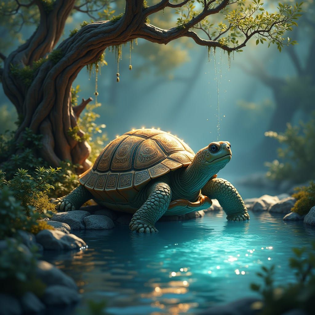Majestic Turtle Amidst Whimsical Realms