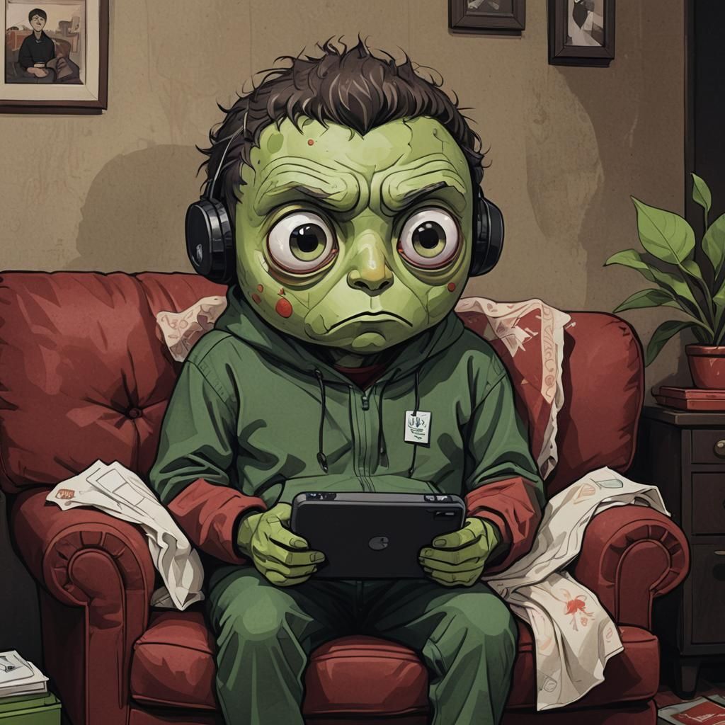 Sad Human-Lychee Hybrid on Couch: Concept Art