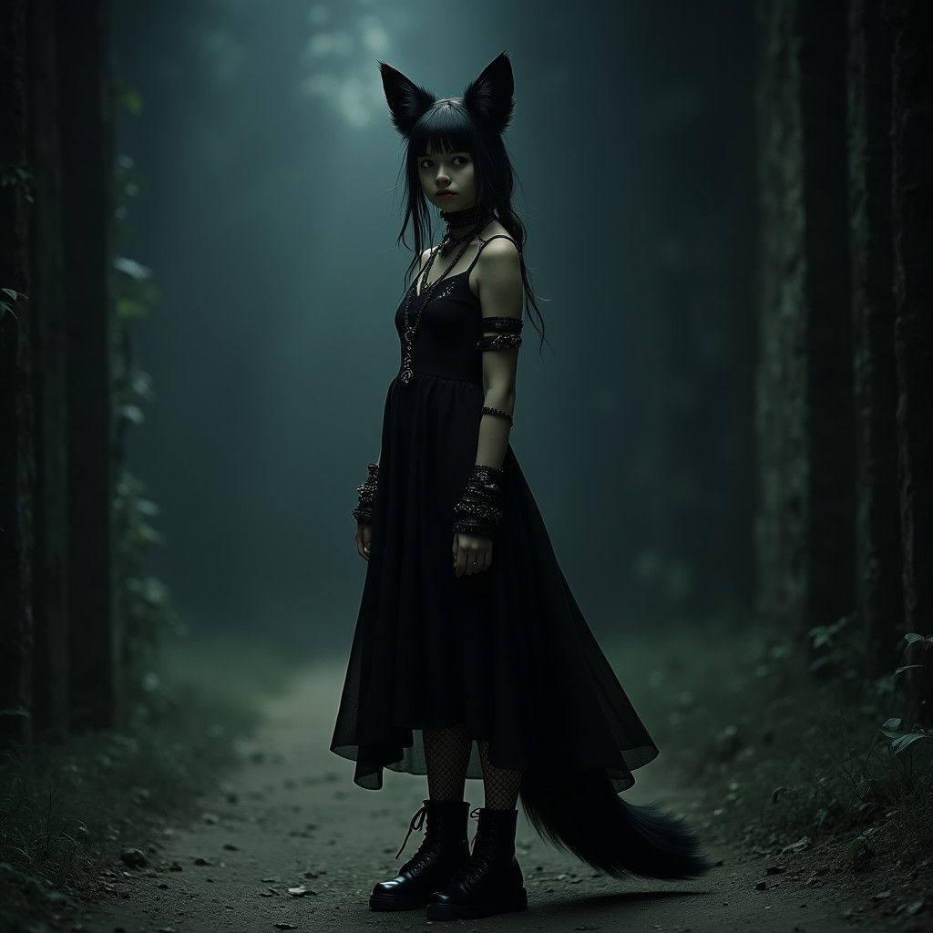 Gothic Fennec Fox Girl in Dimly Lit Environment