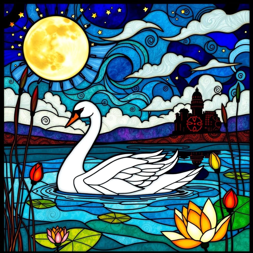Dreamlike Stained Glass Masterpiece with Swan and Lotus Flow...
