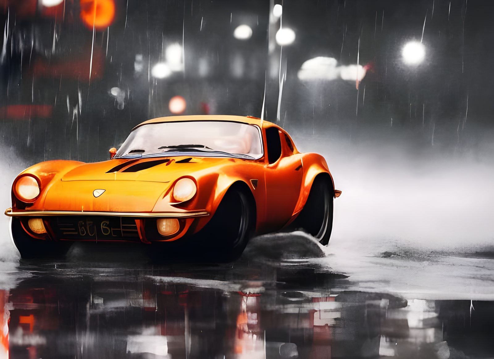 Classic Race Cars in Wet Weather, Hyperrealistic Style