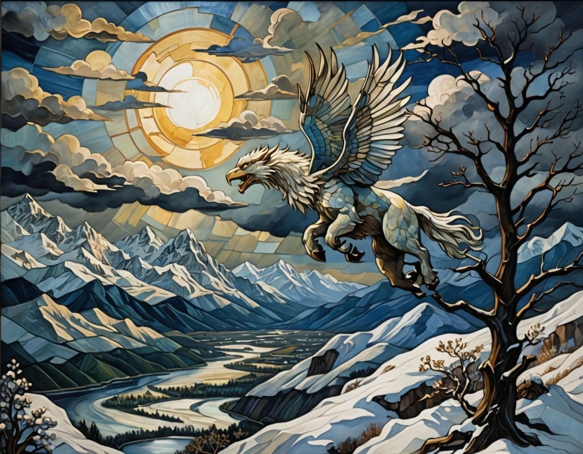 Snowy Griffin Stained Glass in Van Gogh Style