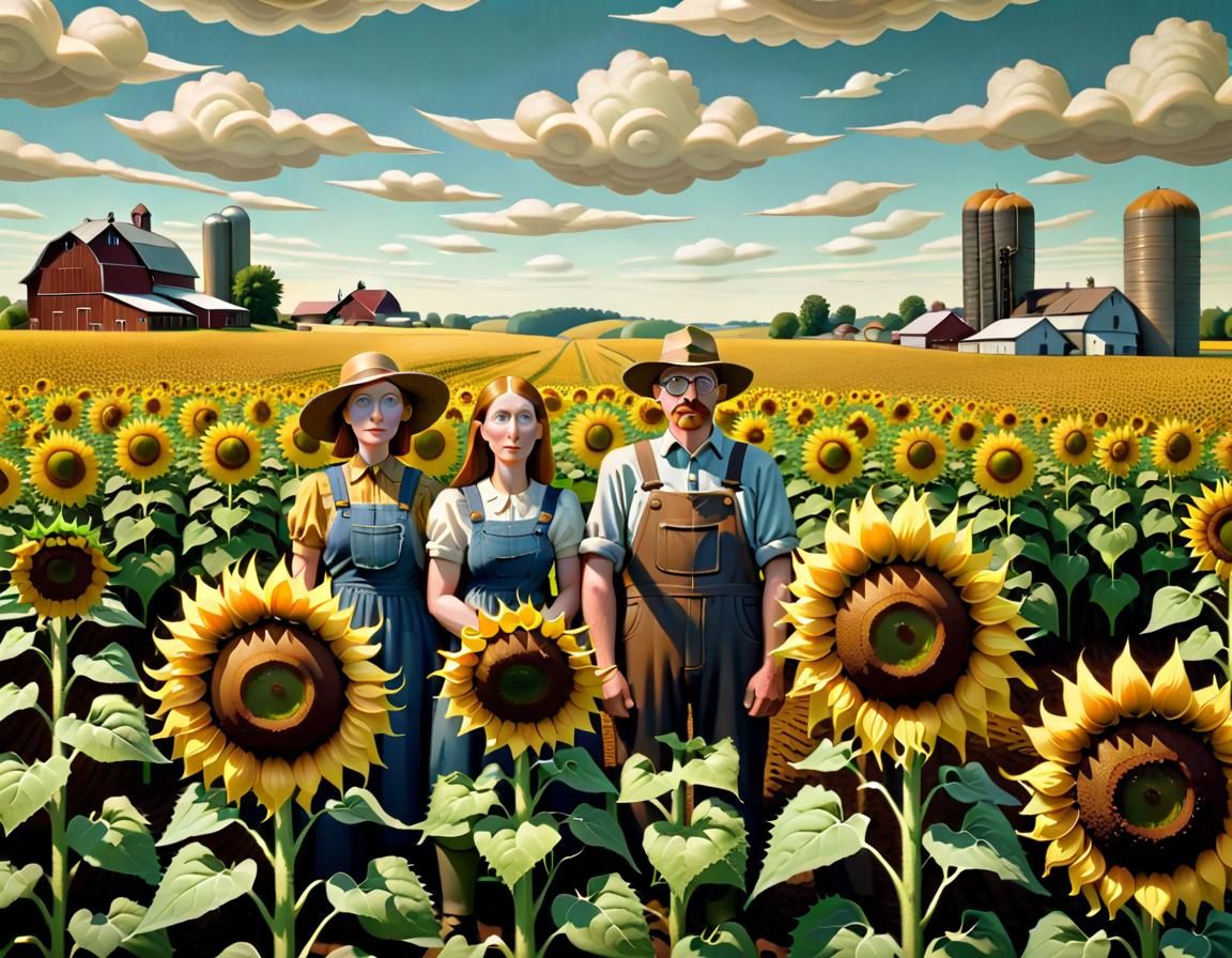 Surreal Sunflowers Float Over Farmland in Regionalist Style