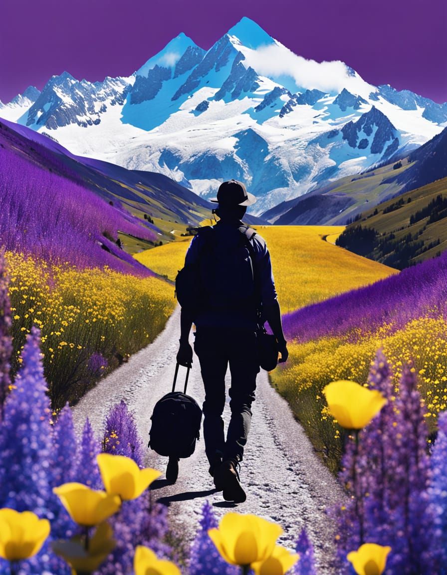 Swiss Alps Double Exposure with Hiker and Flowers