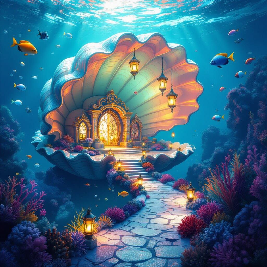 Underwater Seashell Palace with Coral Lanterns in Fantasy St...