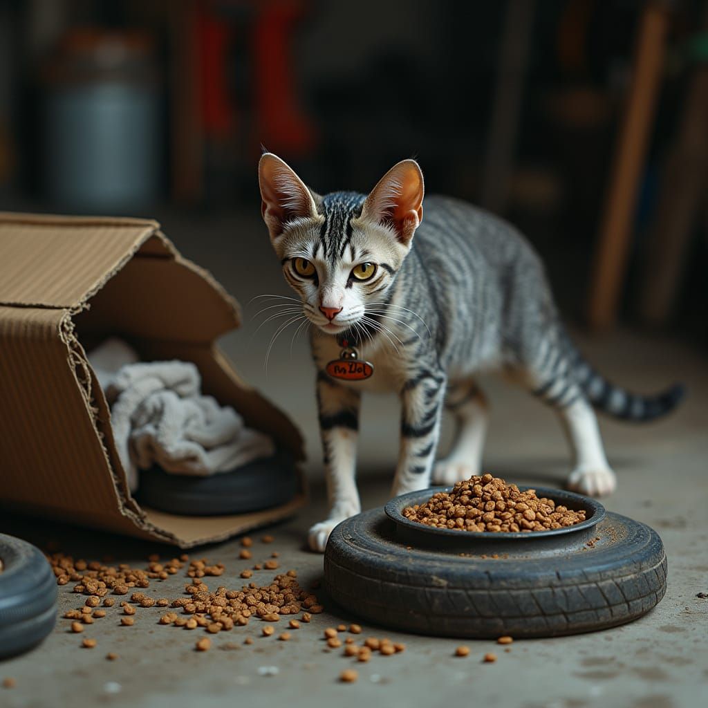 Stray Cat Eats from Hubcap, Portrait Photography