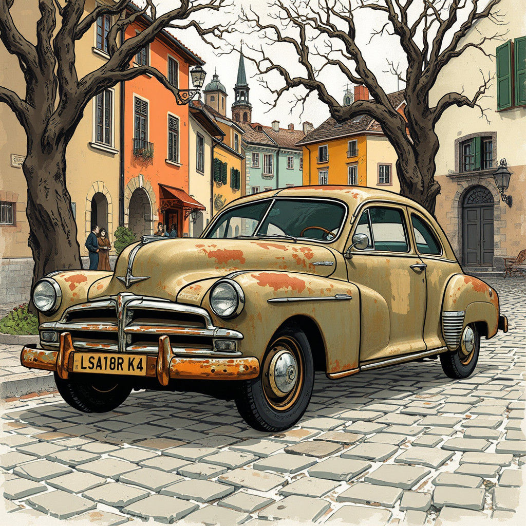 Vintage Car in Ronald Searle Illustration Style