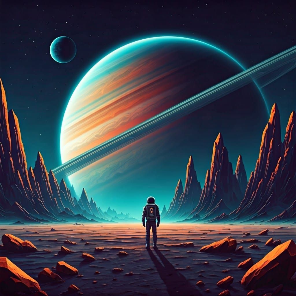 Astronaut in Futuristic Landscape with Ringed Gas Giant