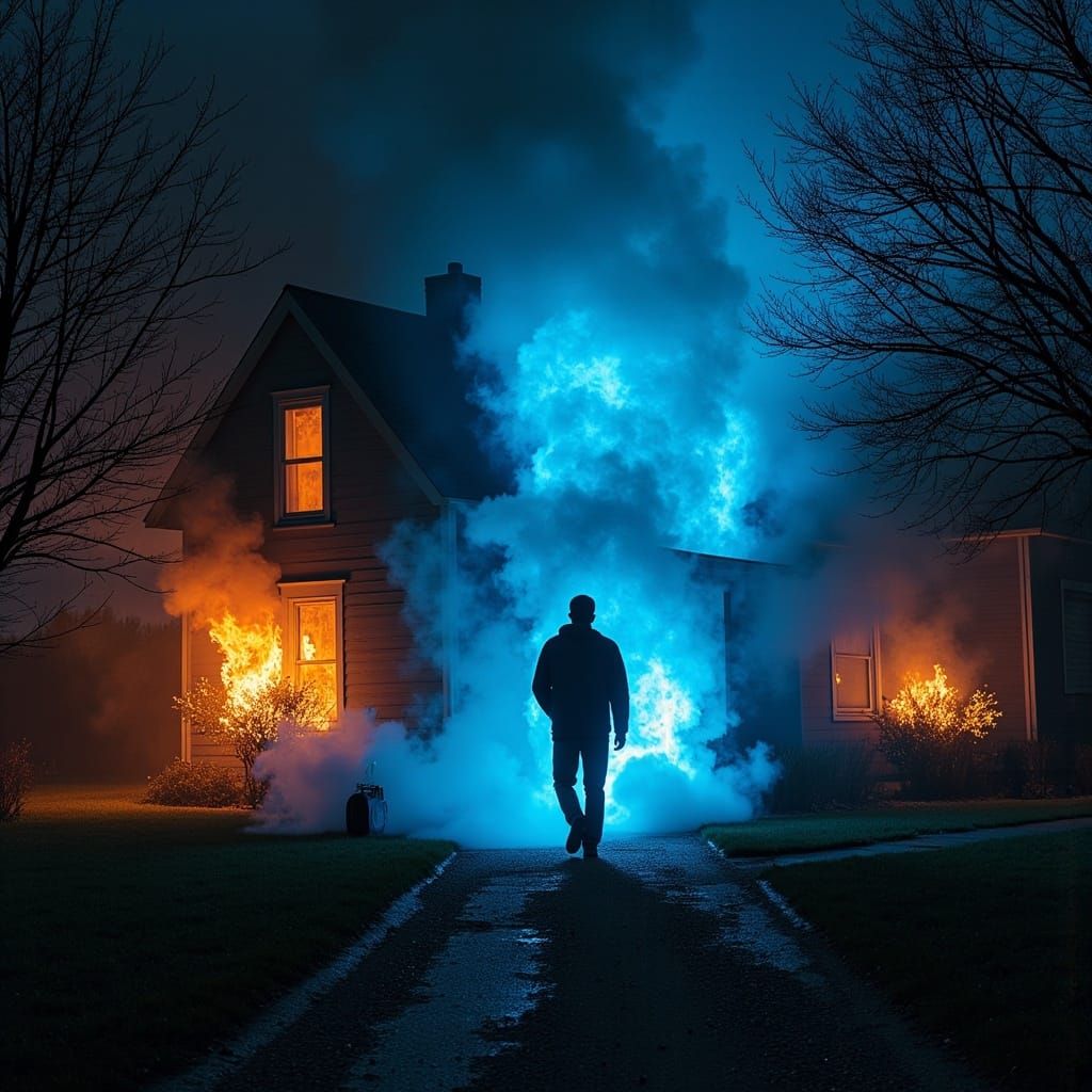 Giant Blue Being Emerges from Burning House