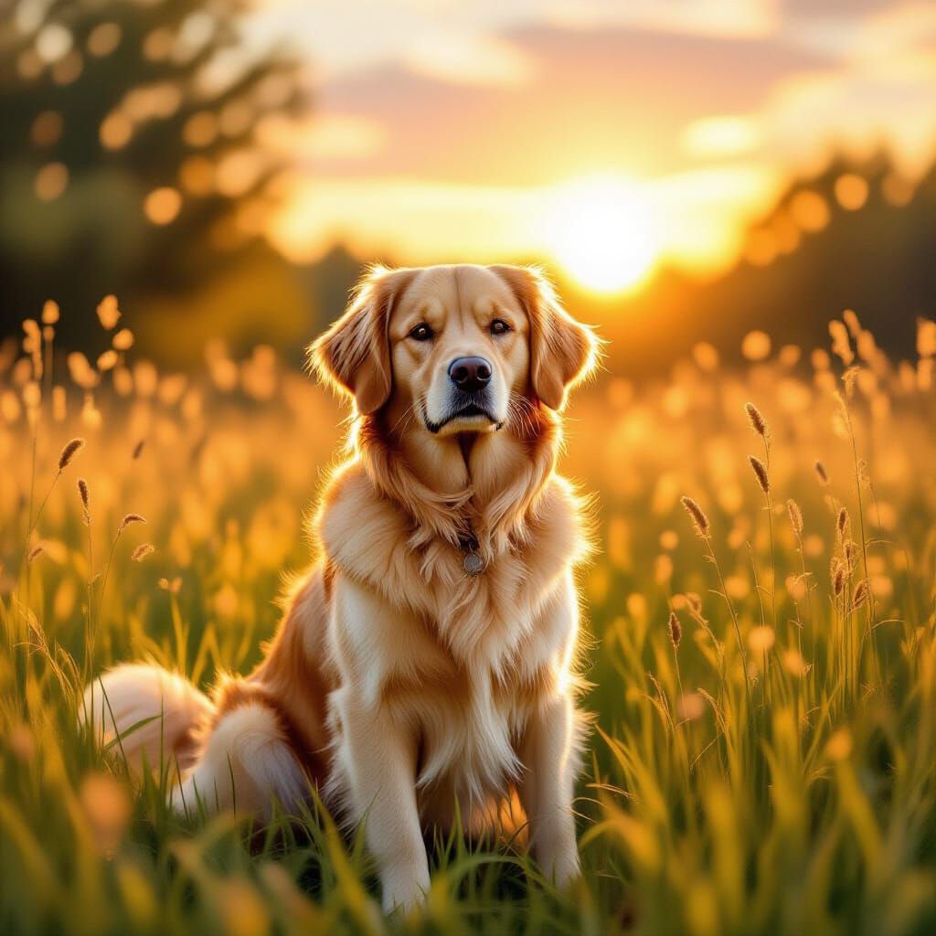 Golden Retriever in Sunlit Meadow, Impressionistic Style