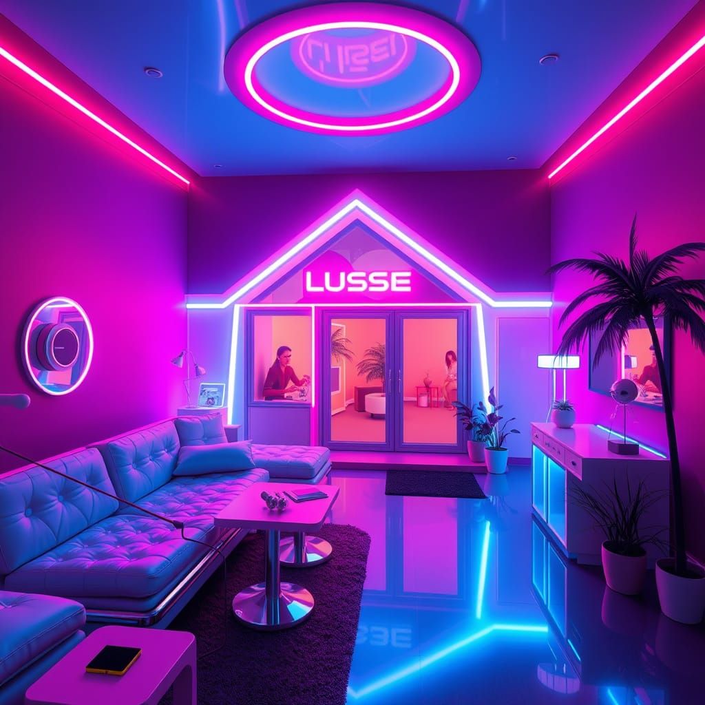 Futuristic Neon House in Synthwave Retro Style
