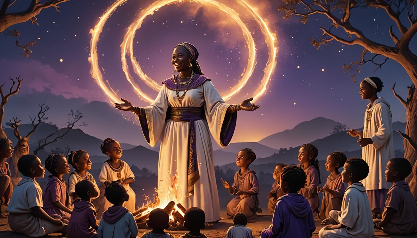 Village Elder Watching Storyteller in Matte Painting