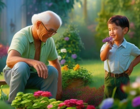 Grandfather and Grandson Gardening: 3D Digital Art
