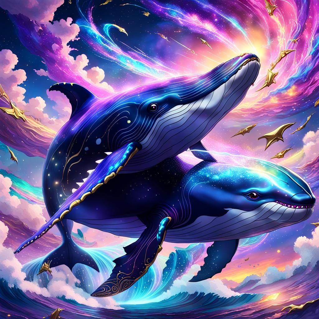 Iridescent Whale Soaring Through Anime Galaxy