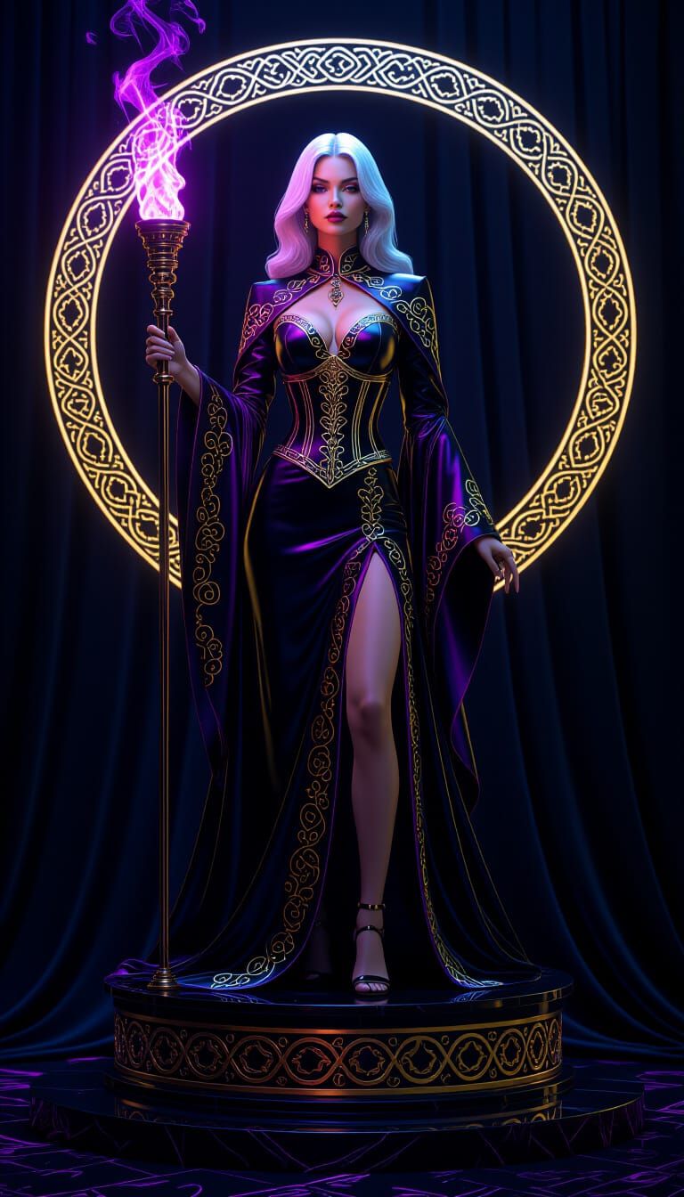 Woman with Purple Flame Torch in Cyberpunk Style