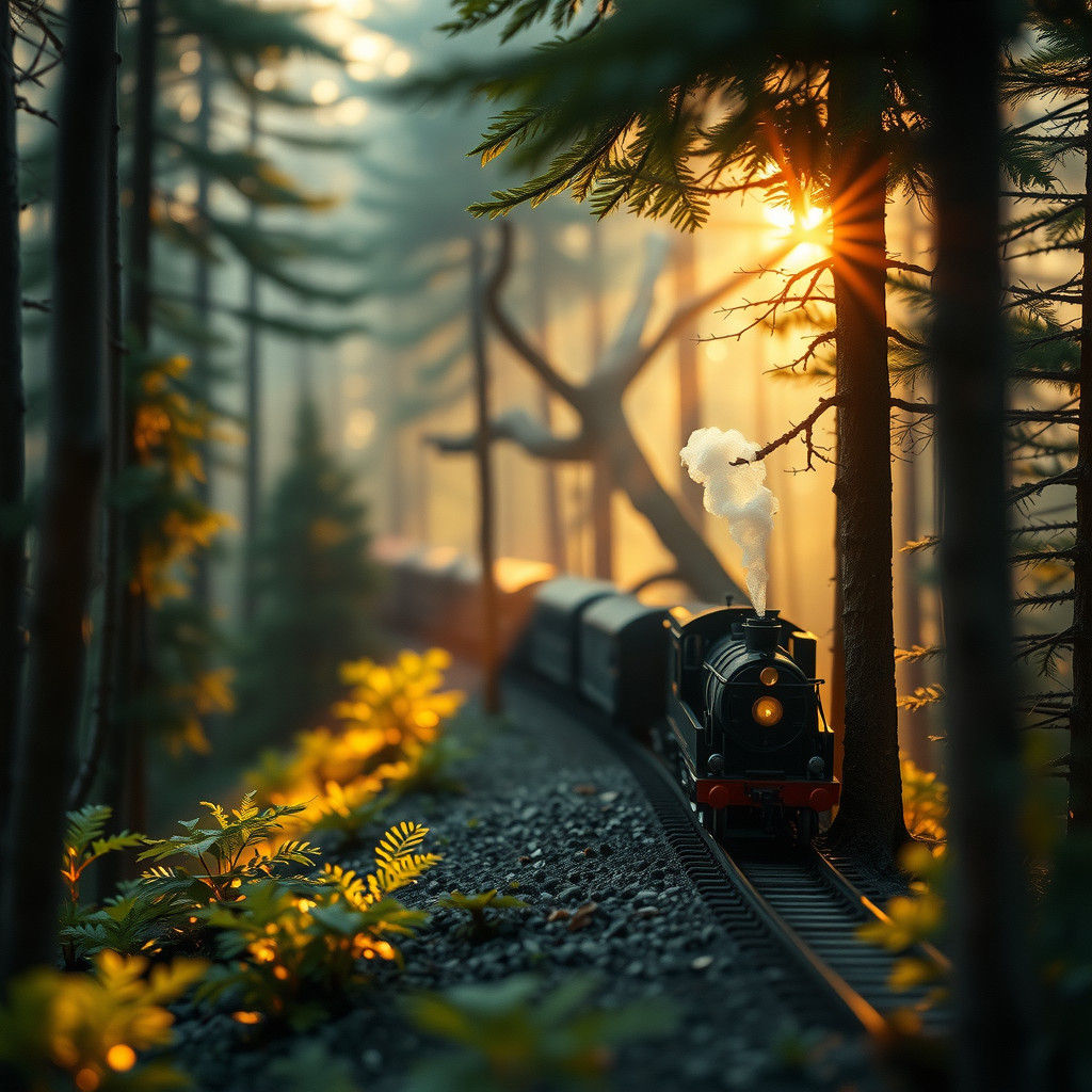 Miniature Train Amidst Misty Forest