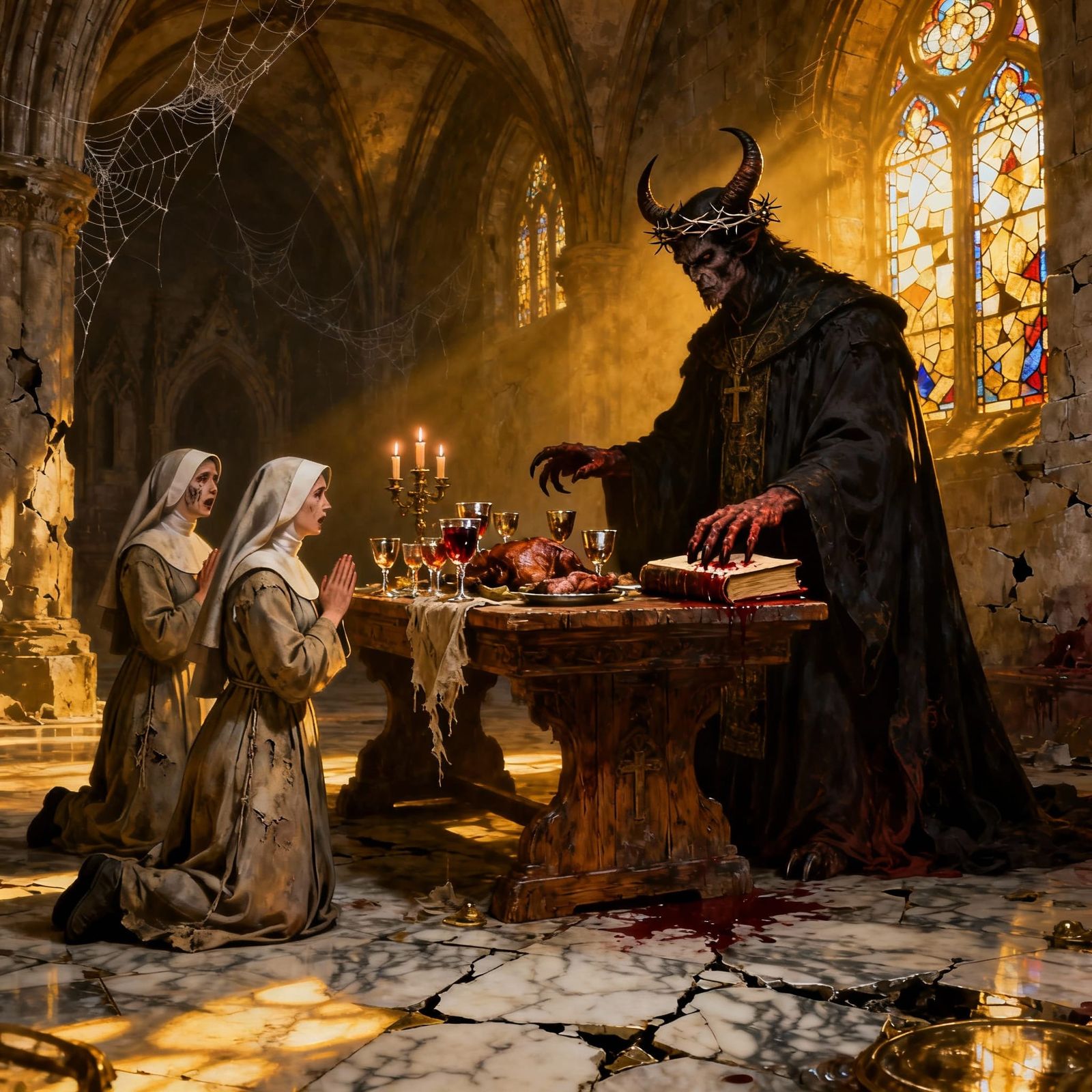 Nuns Kneel Before Demon Pope in Temple with Food
