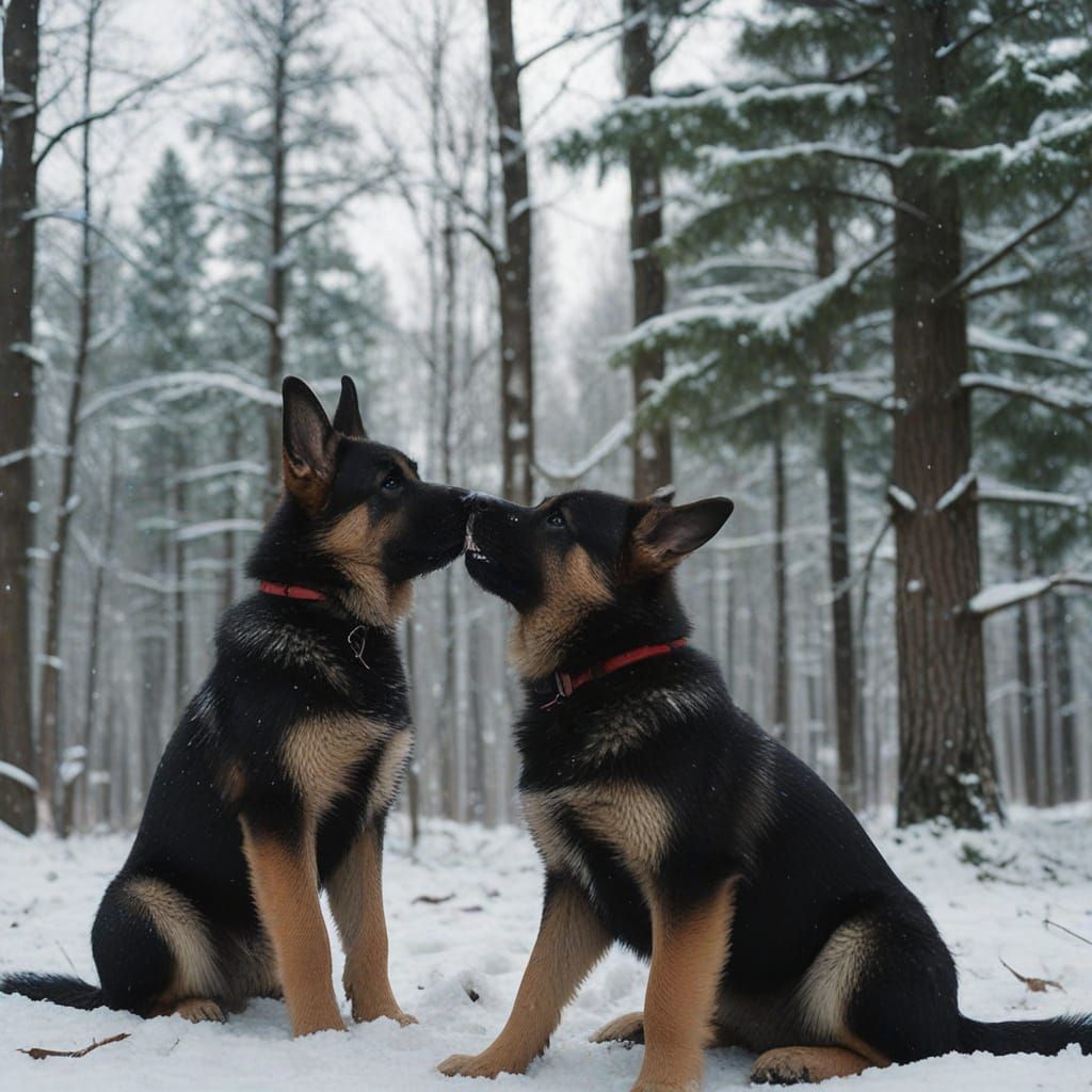 German Shepherd Puppies in Snowy Forest Film Still
