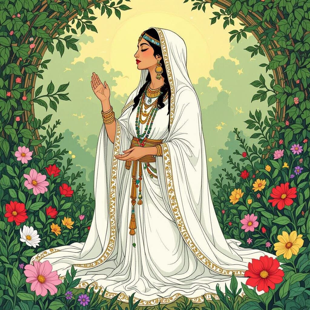 Ancient Priestess Worships Asherah in Whimsical Style