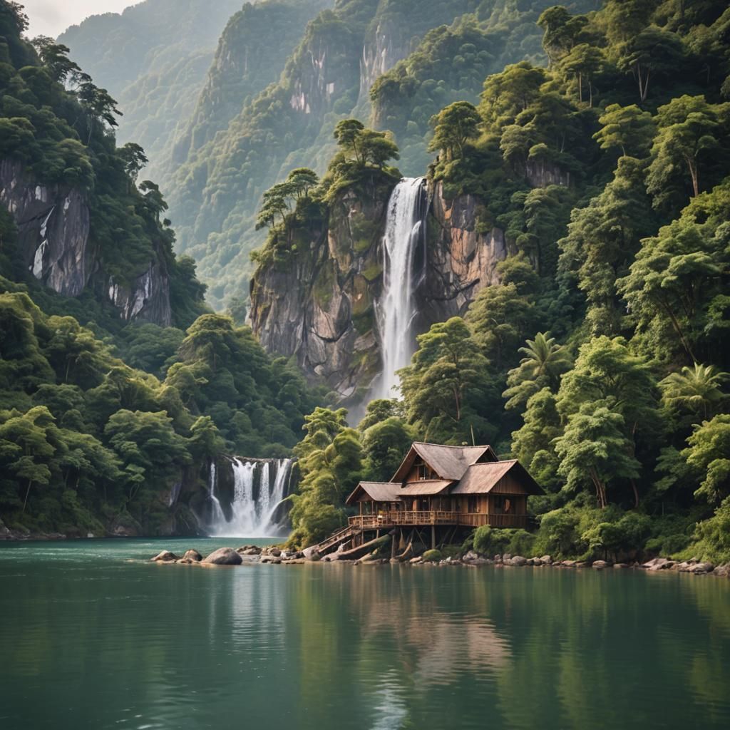 Mountains, River, and Waterfall Landscape in Natural Light