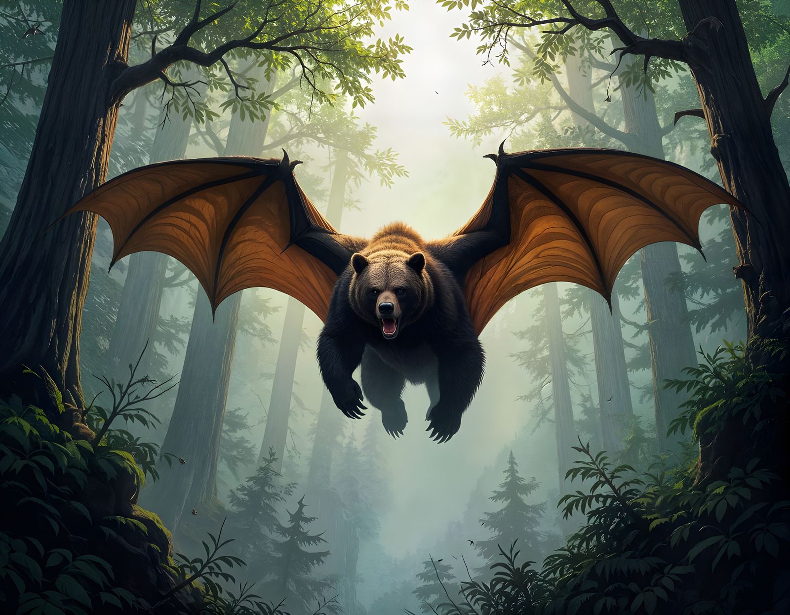 Bearbat Flying Home Through Mountain Forest
