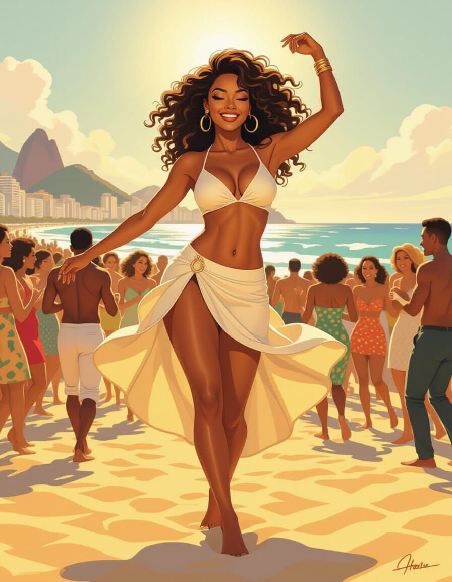 Brazilian Woman Dancing at Copacabana Beach in Frank Cho Sty...