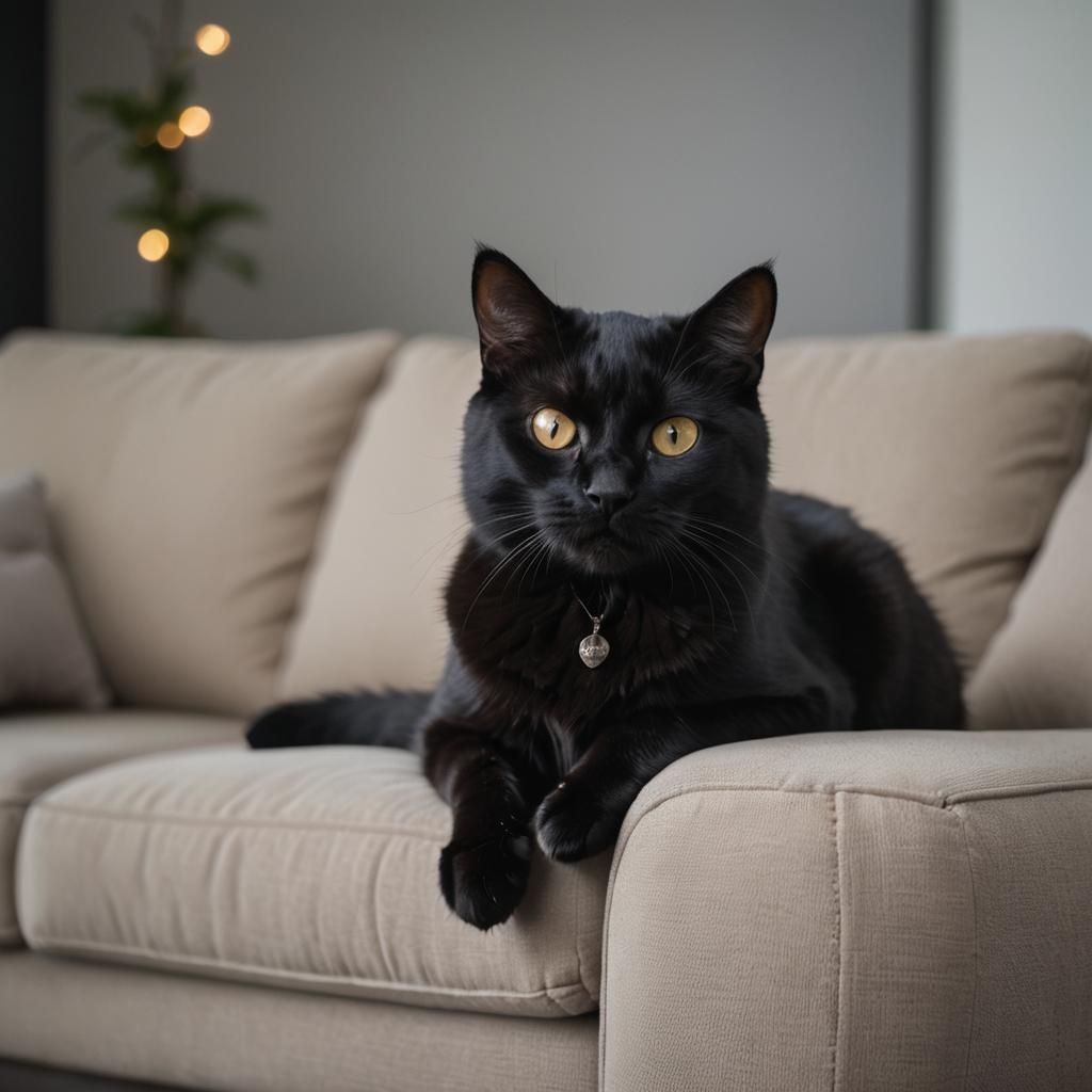 Black Cat Begs on Couch: Professional Photography