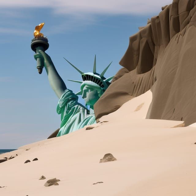 Corroded Statue of Liberty on Sandy Beach