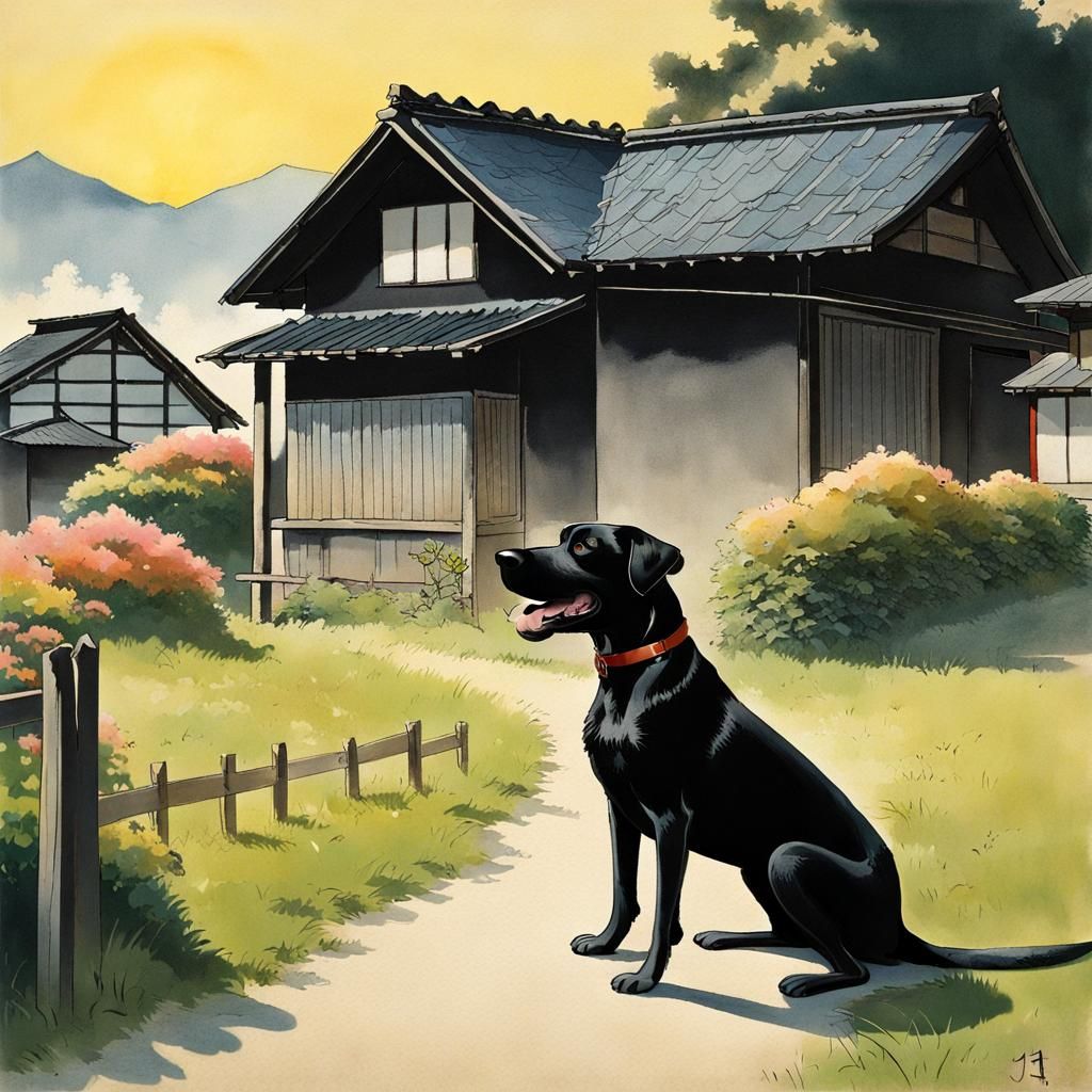 Great Dane Barking at Japanese House, 1920s Style
