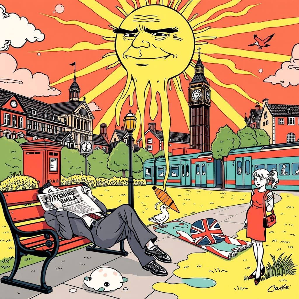 Surreal British Heatwave in Vintage Illustration Style