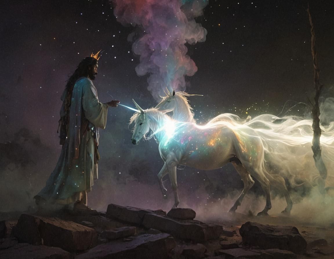 Djinn Jesus with Fiery Unicorn in Mythic Art