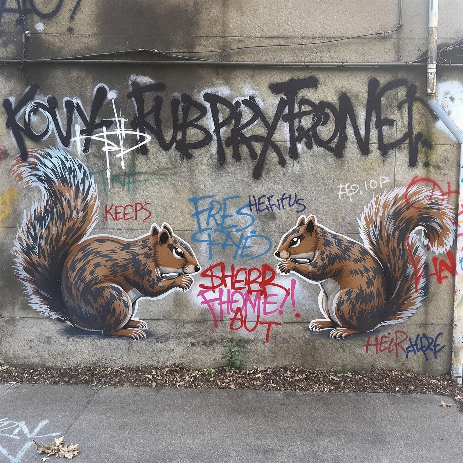 Vibrant Stencil Art Depicting Urban Wildlife in a Desolate S...