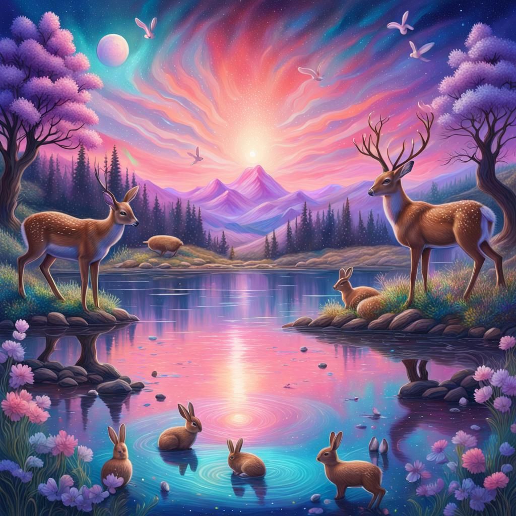 Twilight Lake Wildlife in Astral Illustration Style
