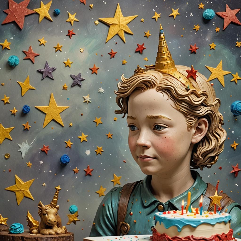 Child's Drawing: Girl, Unicorn, Universe in Gauguin Style