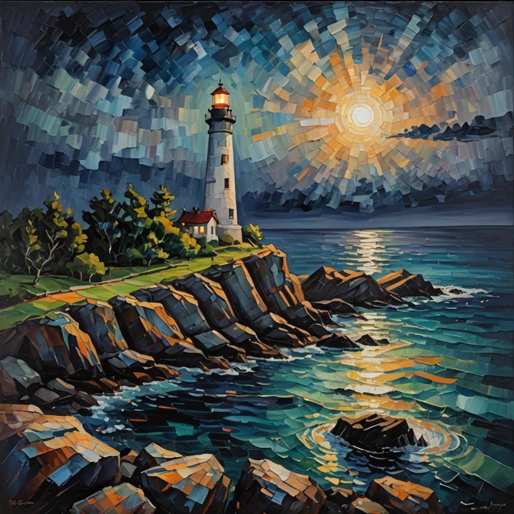 Lighthouse at Night: An Expressionist Impasto Painting