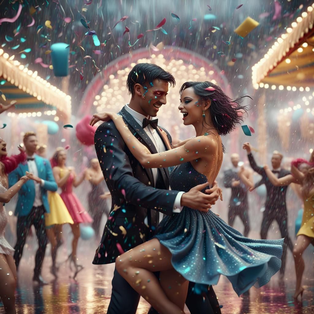 A glamorous couple dancing in the rain of confetti at a carn...