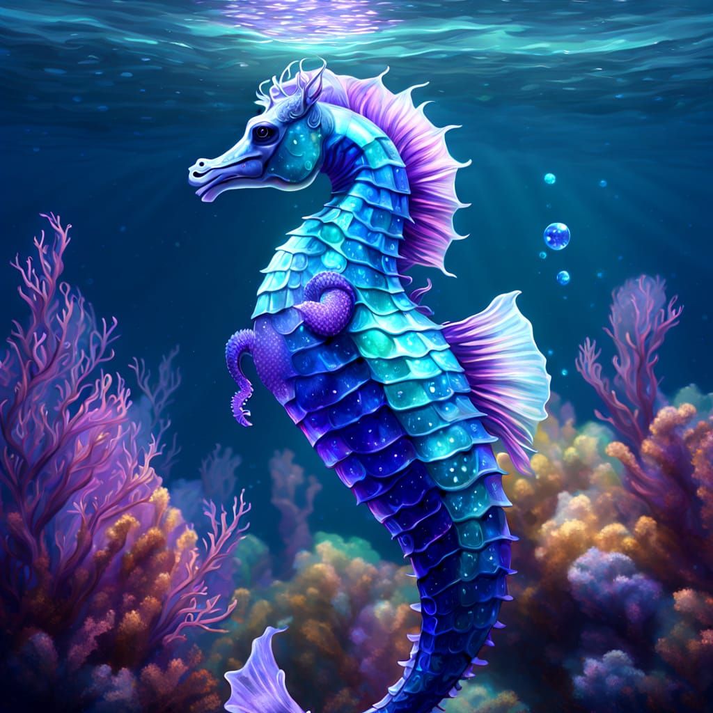 Bioluminescent Seahorse-Mermaid Hybrid in Digital Art