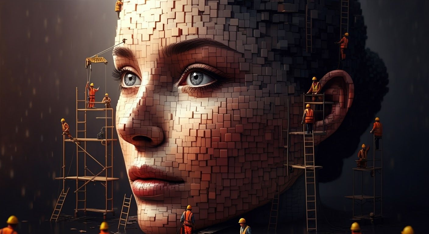 Female Face Built From Color Cubes by Tiny Workers