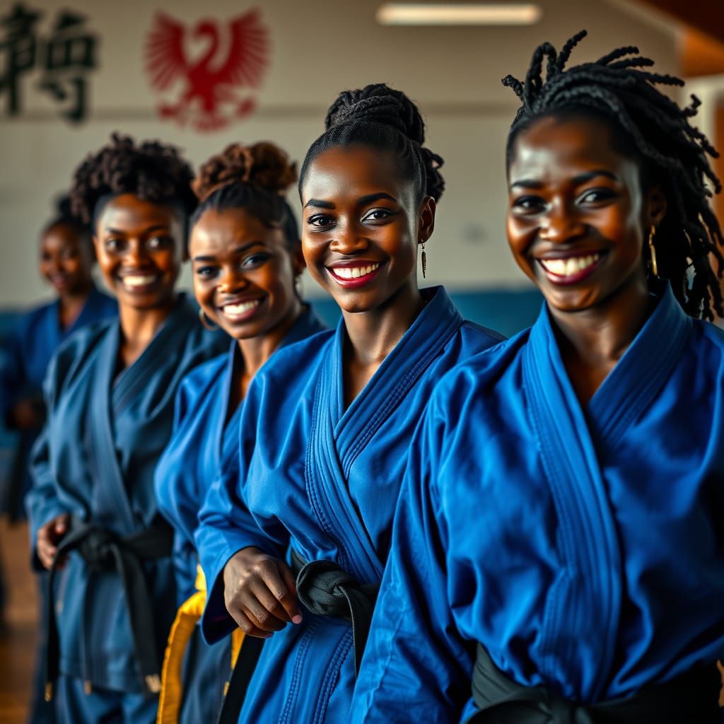 Confident Dark Skinned Women in Karate Class