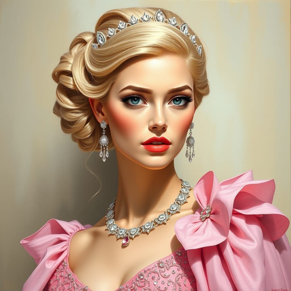 Elegant Blonde Woman in Pink Gown with Strass Hairpiece