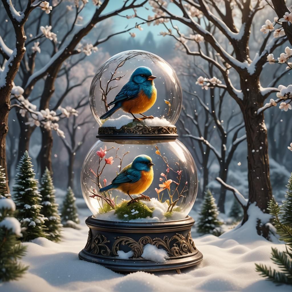 Fluffy Baby Bird in Antique Snow Globe