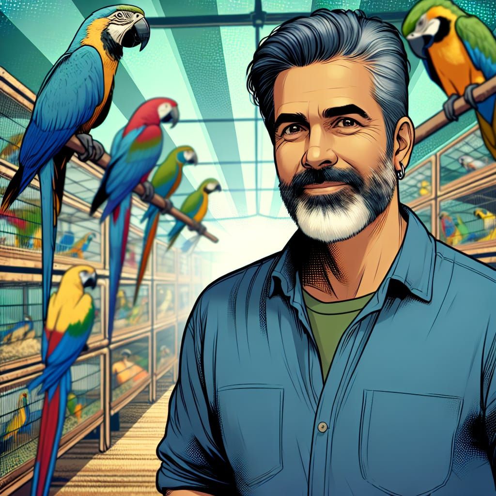 Man in Parrot-Filled Pet Shop with Vivid Colors