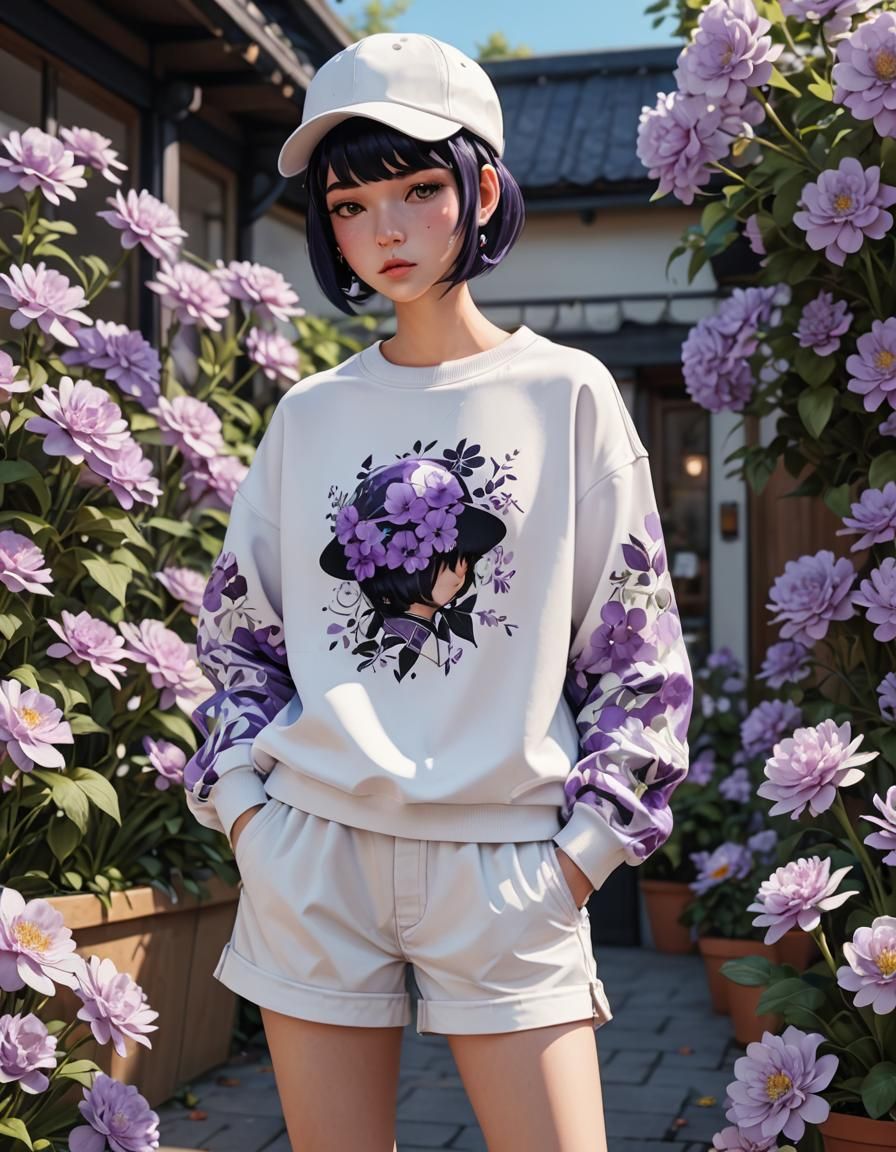 model with black pixie cut hair in a white and purple floral sweatshirt and white cargos wearing a derby hat