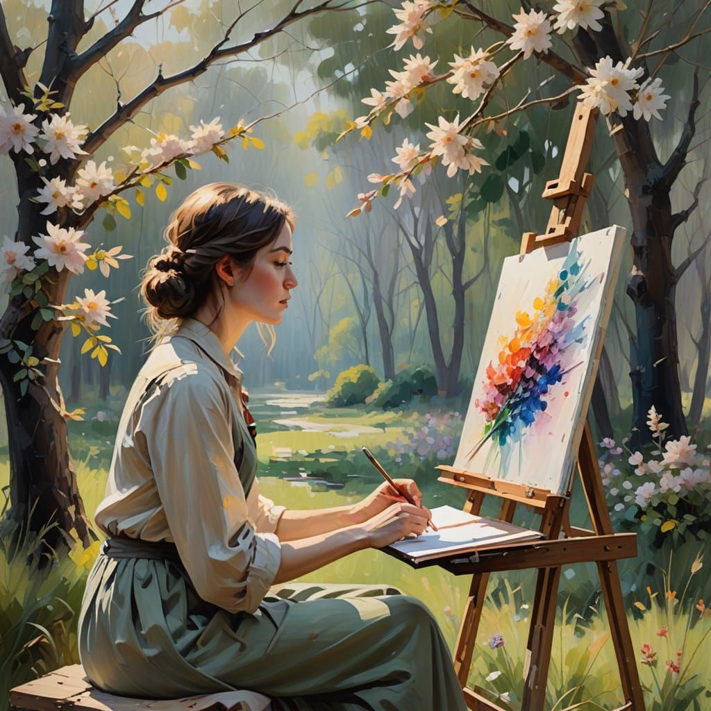 Artist Painting Lark in Impressionist Oil Painting Style