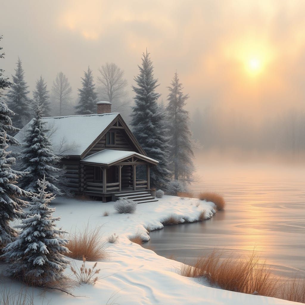 Winter Serenity in Rustic Log Cabin Landscape