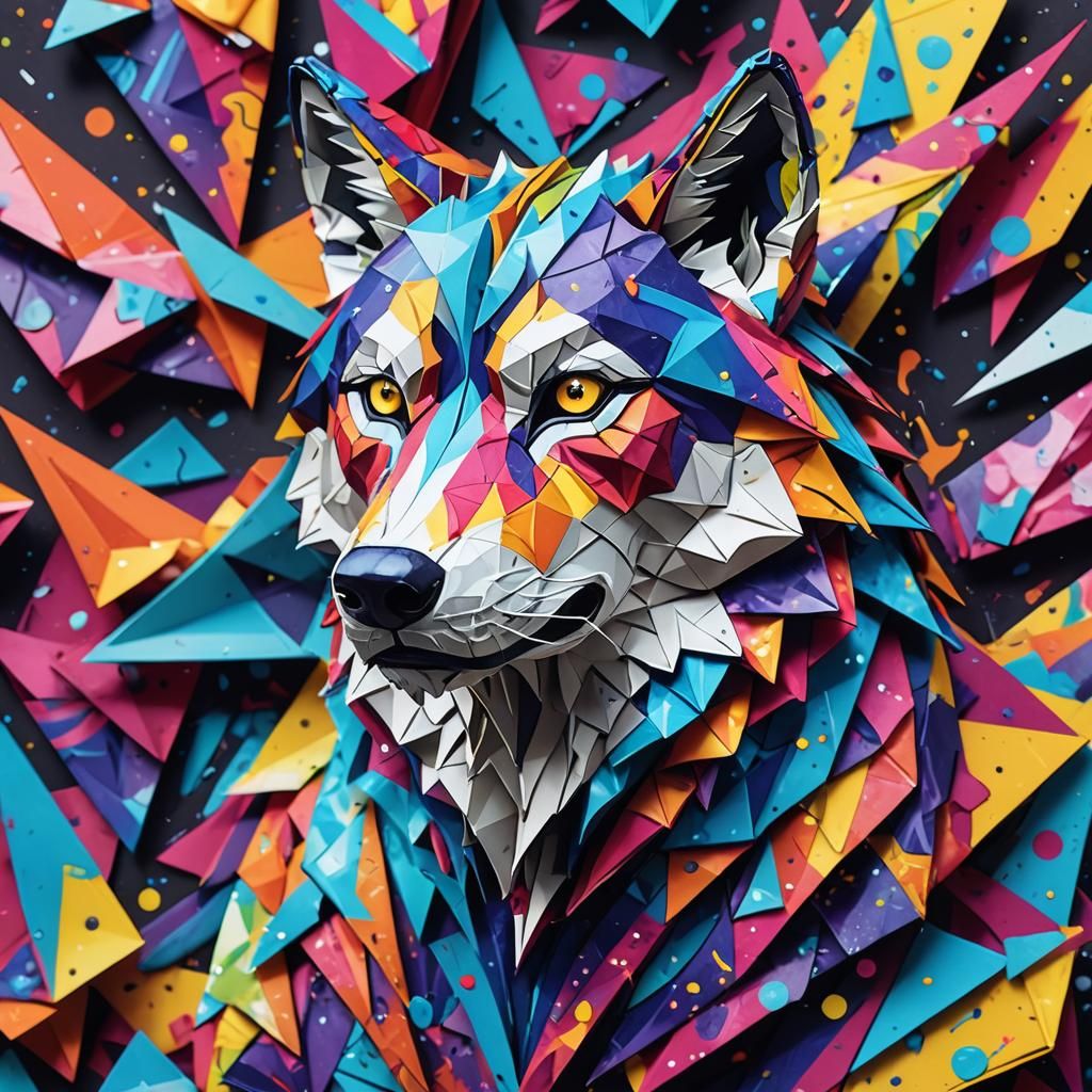 Origami Wolf Phantom in Graffiti Street Art Style